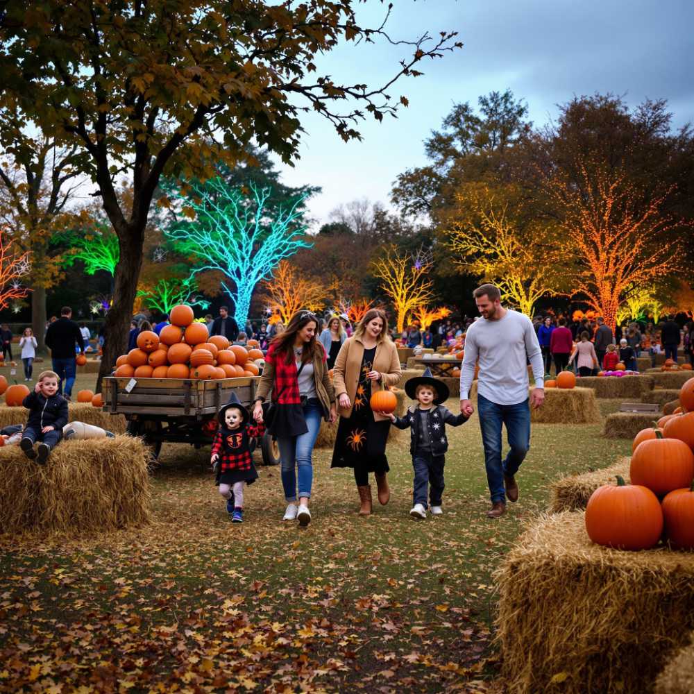 Parents with their kids picking pumpkins Parents with their kids picking pumpkins